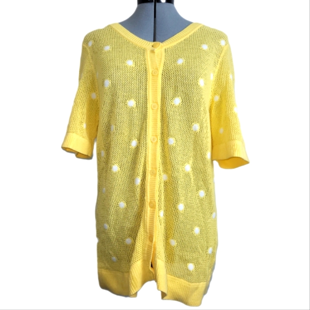 Christopher & Banks Yellow Polka Dot Short Sleeve Knit Cardigan Size Large